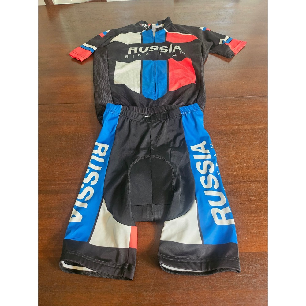 Russia Bike Team Cycling Jersey Shorts Set Mens Large Black Blue Padded 2pc
